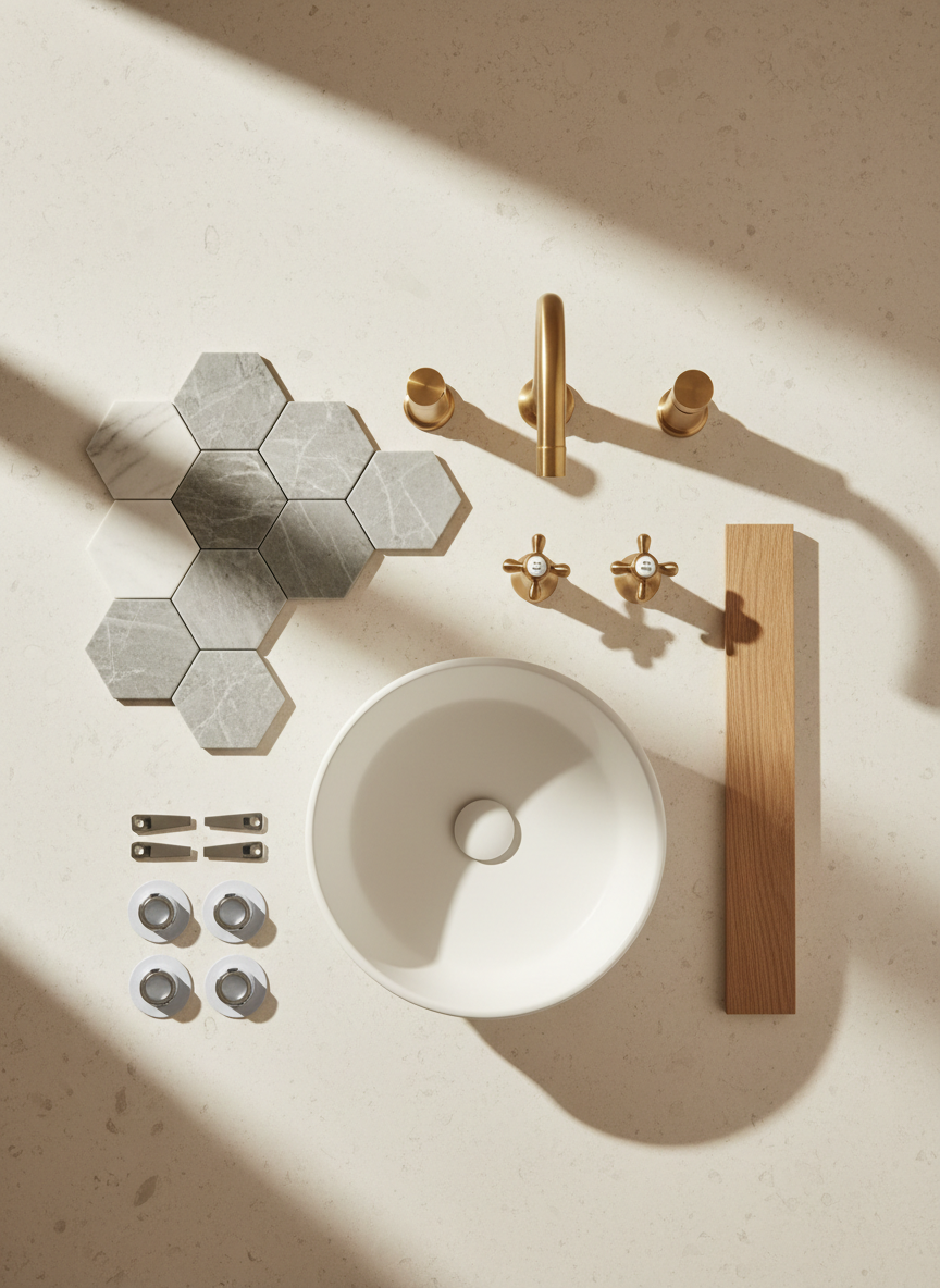 Flat lay of bathroom finishes including hexagon marble tile, brass tapware, a round basin and an oak shelf