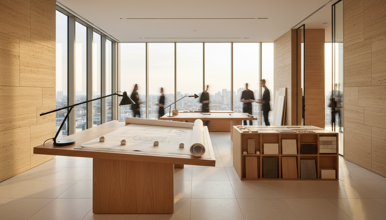 Design studio with kitchen and bathroom material samples laid out on oak tables