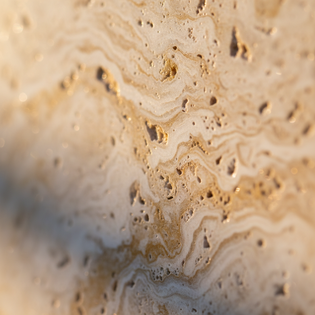 Close-up of warm travertine veining used as a countertop material sample