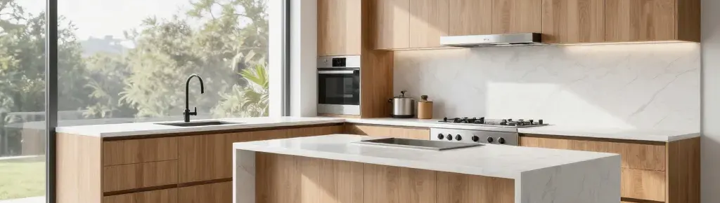 White oak kitchen with a marble waterfall island and integrated appliances